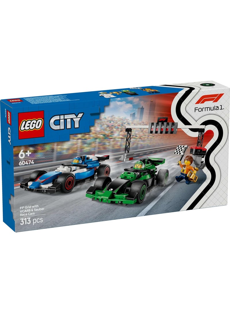 LEGO مجموعة LEGO City F1 مع سيارات VCARB و Sauber - ألعاب سيارات فورمولا 1 قابلة للبناء، 2 شخصيات سائقين، مشرف، وخط بدء الأضواء - فكرة هدية ممتعة للأطفال من 6 سنوات فما فوق - 60474 - Image 1